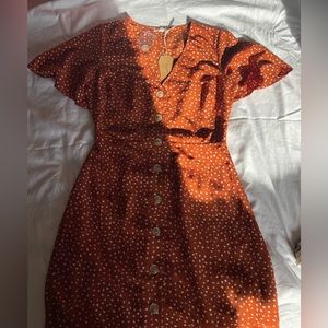 Rust orange with with polka dots midi button up dress